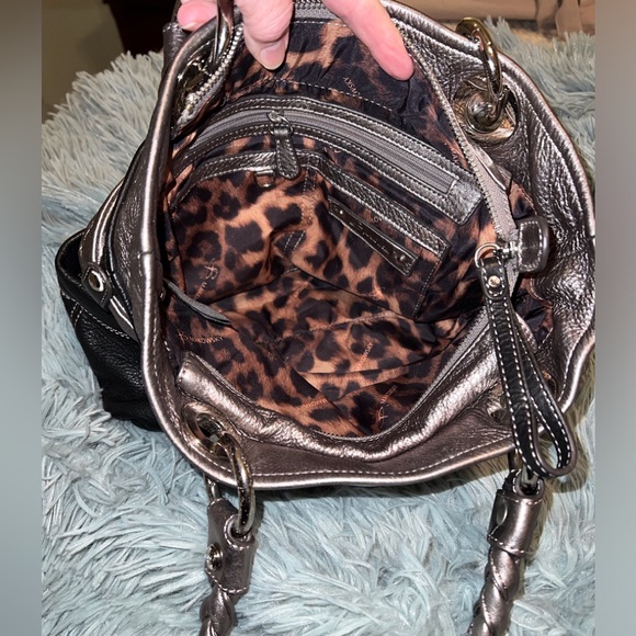 B Makowsky Leather Satchel Black & Silver Hobo Bag - Picture 6 of 7